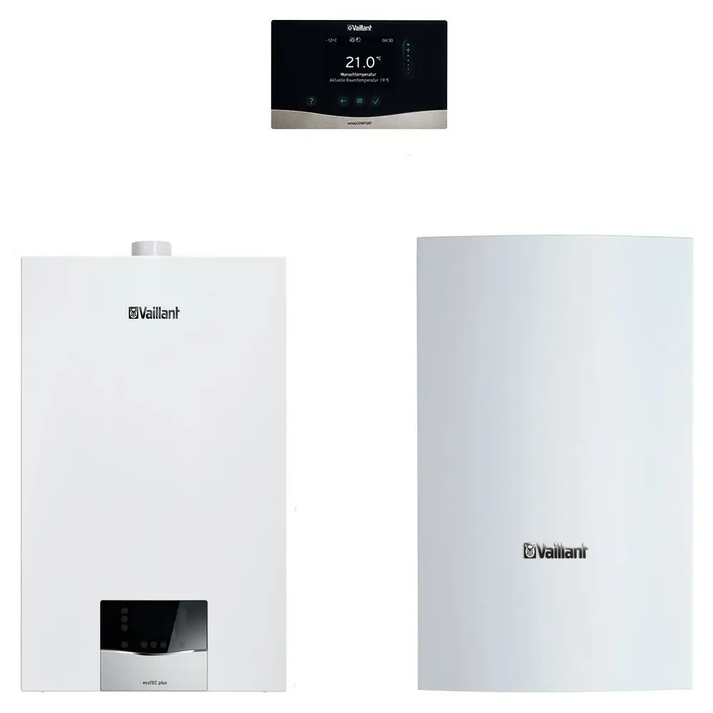 Weißer Vaillant Heizgerät mit Angabe zur Temperatur, daneben ein Vorratsbehälter. Alle Komponenten haben ein schlichtes Design in Weiß.